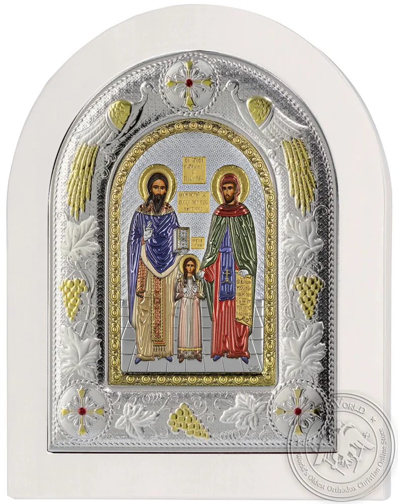 წმინდანები რაფაელი, ნიკოლოზი და ირინე, ვერცხლისფერი ხატი თეთრ ხეზე