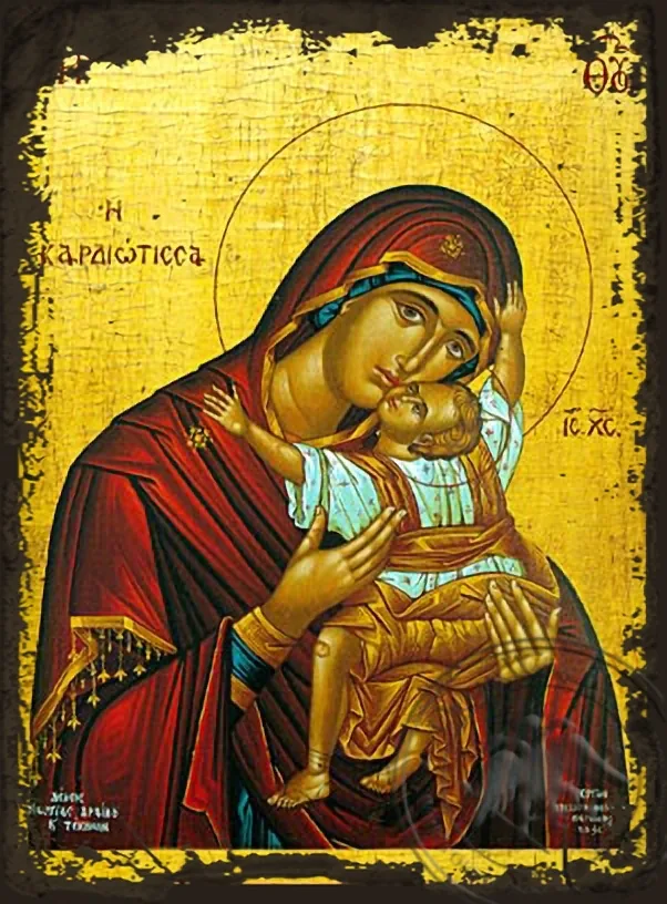 Virgin and Child, Sweet Kissing, Kardiotissa - Aged Byzantine Icon
