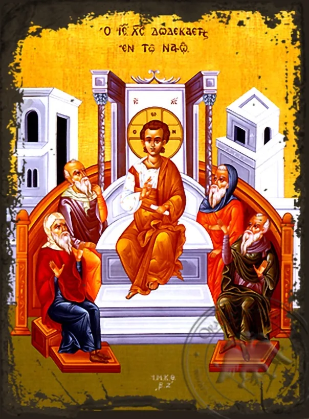 Twelve-Year-Old Jesus in the Temple - Aged Byzantine Icon