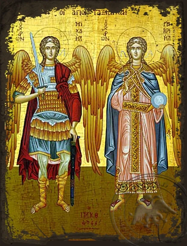 Michael and Gabriel the Holy Archangels - Aged Byzantine Icon