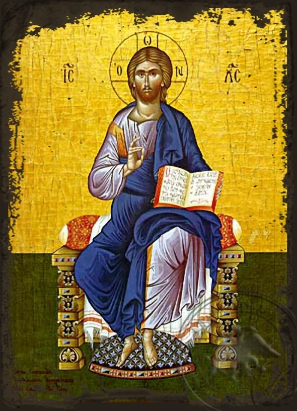 მაცხოვარი მაკურთხებელი, ტახტზე მჯდომი, ძველებურად გაფორმებული ბიზანტიური ხატი