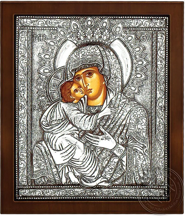 Богородица Умиление византийский, серебряная икона