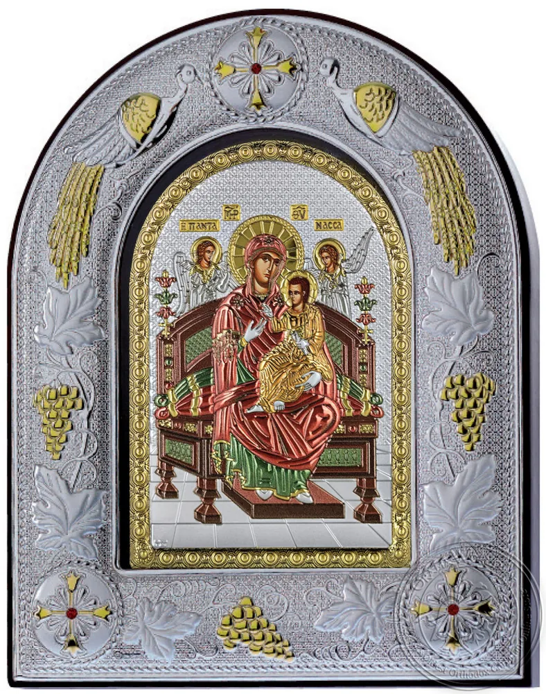 Virgin Mary Pantanassa - Silver Colored Icon in Glass Frame