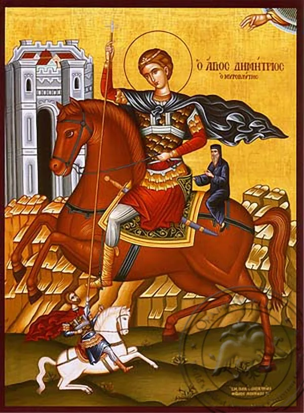 Святой Димитрий Мироточивый, на коне, рукописная икона