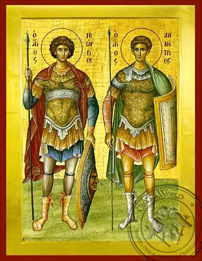 Святые Георгий и Димитрий, византийская икона