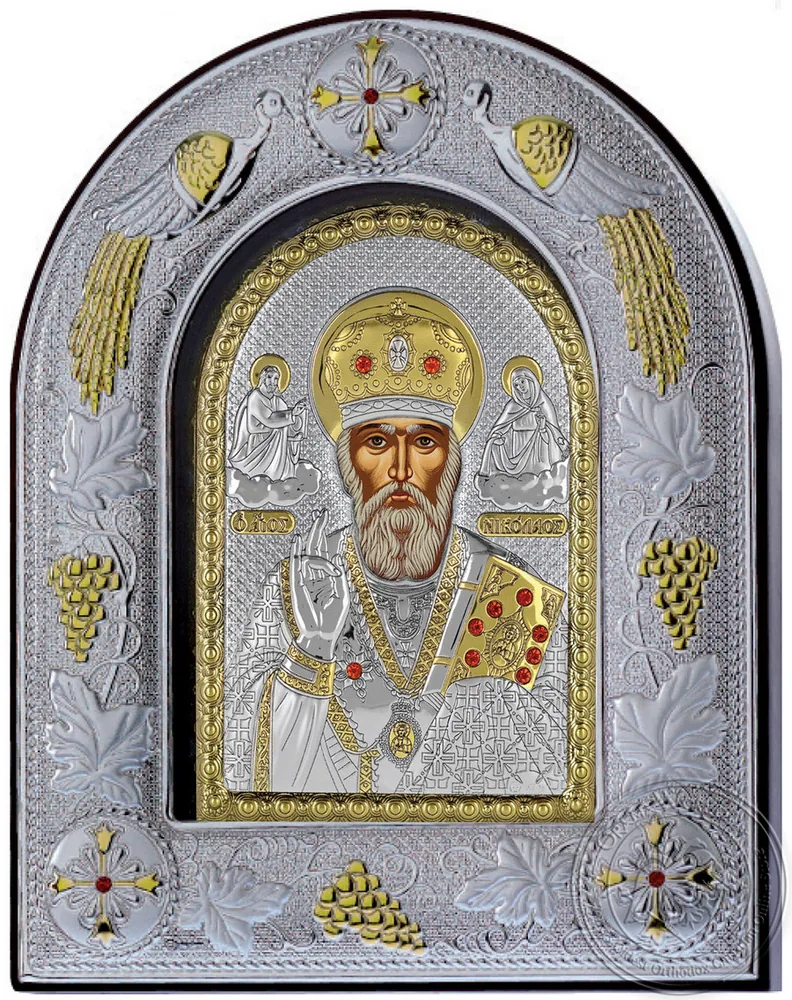 Saint Nicholas - Silver Icon in Glass Frame