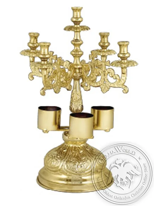 Five-Candles Candlestick Byzantine Design Cross Gold Plated