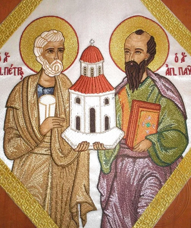 Saints Peter & Paul with Embroidered Background - Hieratical kneepiece