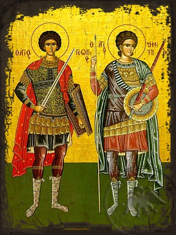 Saints George and Demetrius, Full Body - Aged Byzantine Icon