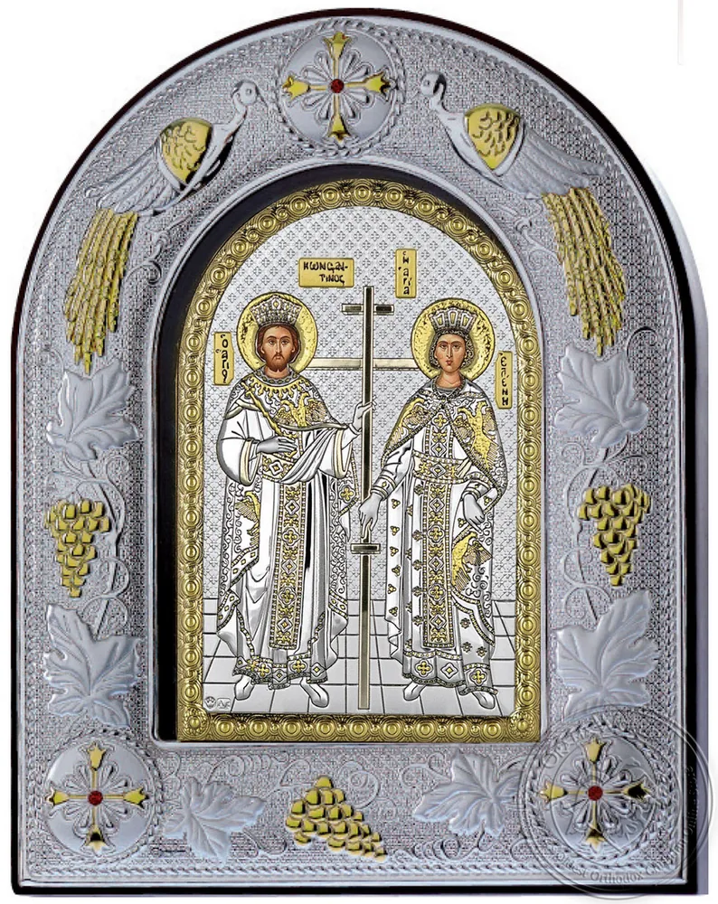 Святые Константин и Елена, серебряная икона в стеклянной рамке