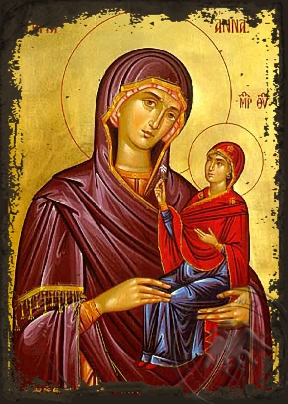 წმინდა ანა, ღვთისმშობლის დედა, ძველებურად გაფორმებული ბიზანტიური ხატი