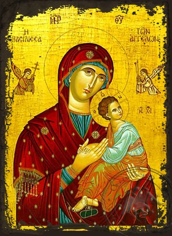 ღვთისმშობელი ყრმით, ანგელოზთა დედოფალი, ძველებურად გაფორმებული ბიზანტიური ხატი