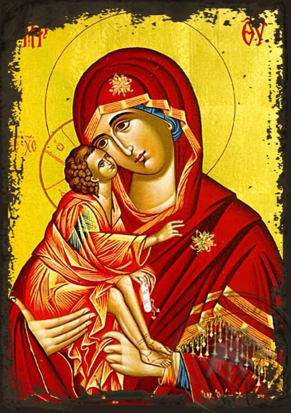 ღვთისმშობელი ყრმით, ტკბილად ამბორისმყოფელი, ძველებურად გაფორმებული ბიზანტიური ხატი