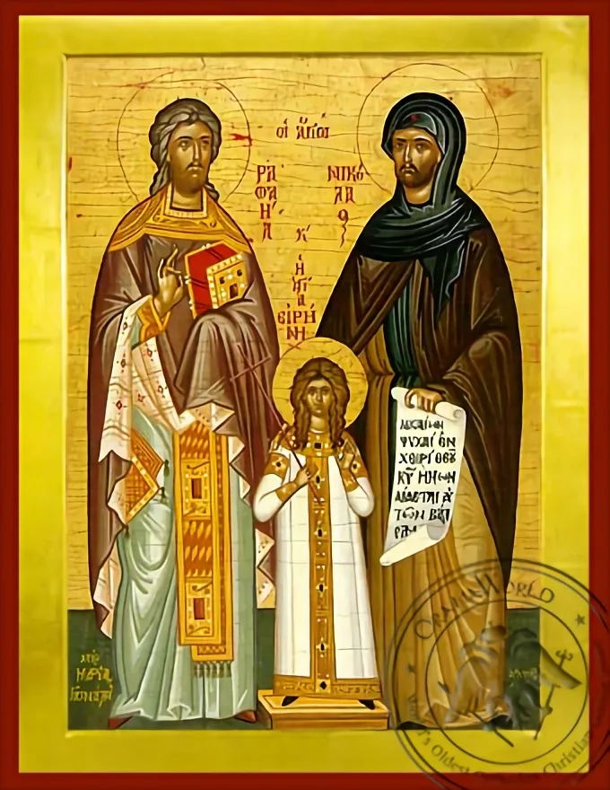 წმინდანები რაფაელი, ნიკოლოზი და ირინე, ბიზანტიური ხატი