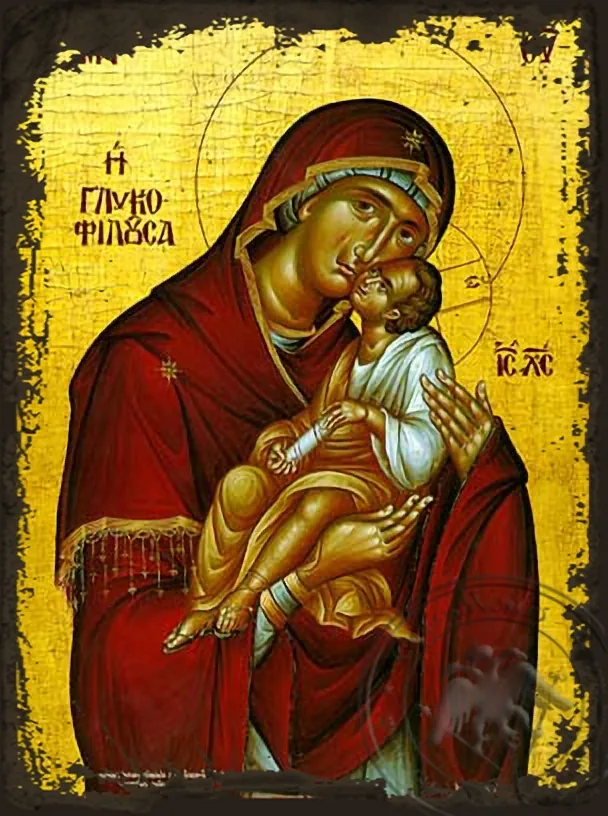 ღვთისმშობელი ყრმით, ტკბილად ამბორისმყოფელი, ძველებურად გაფორმებული ბიზანტიური ხატი