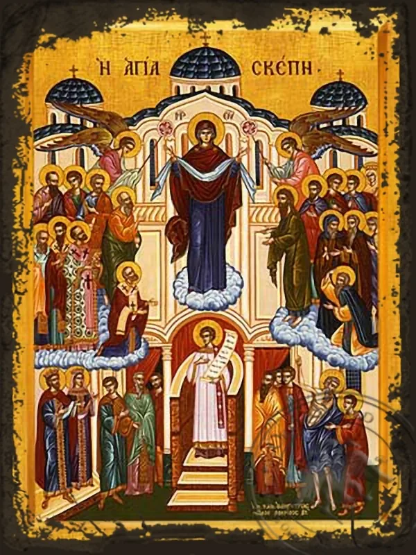 ღვთისმშობელი, წმინდა საფარველი (საფარველი), სრული ტანით, ძველებურად გაფორმებული ბიზანტიური ხატი