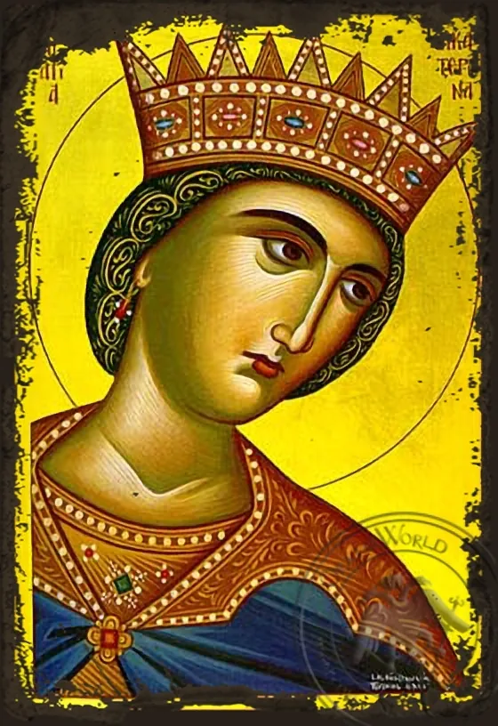 წმინდა დიდმოწამე ეკატერინე, ალექსანდრიელი, მკერდამდე, ძველებურად გაფორმებული ბიზანტიური ხატი