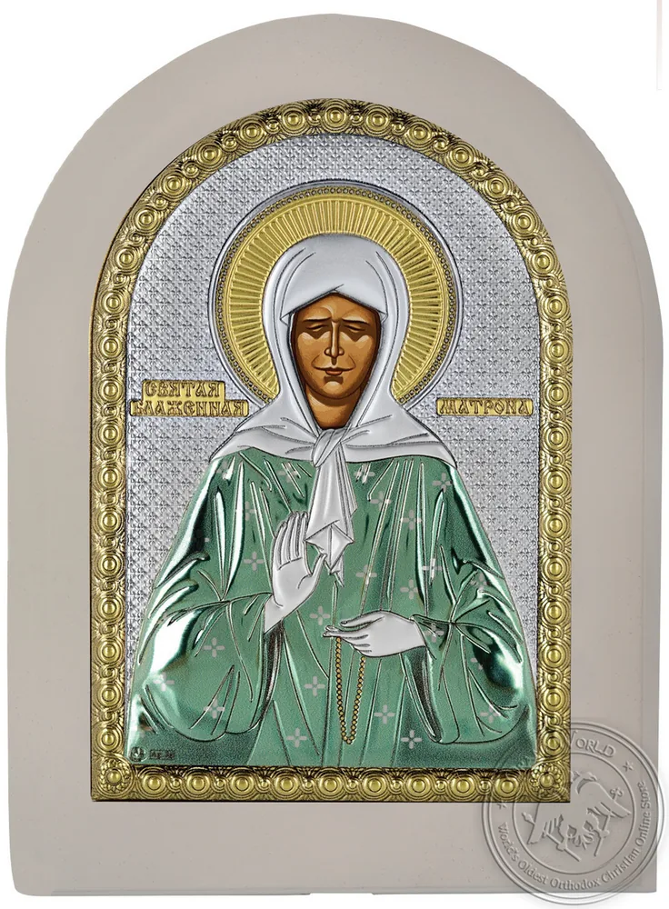 Matrona - Silver Colored Icon in White Wood