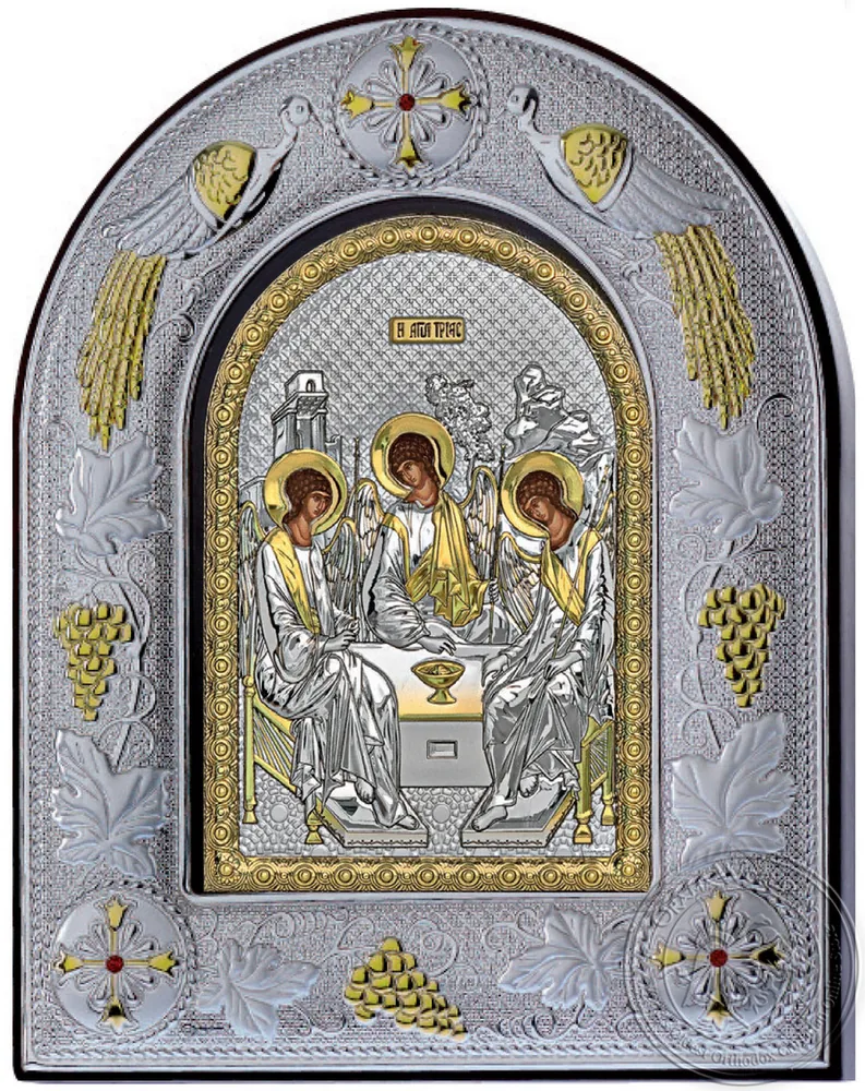 Святая Троица, серебряная икона в стеклянной рамке