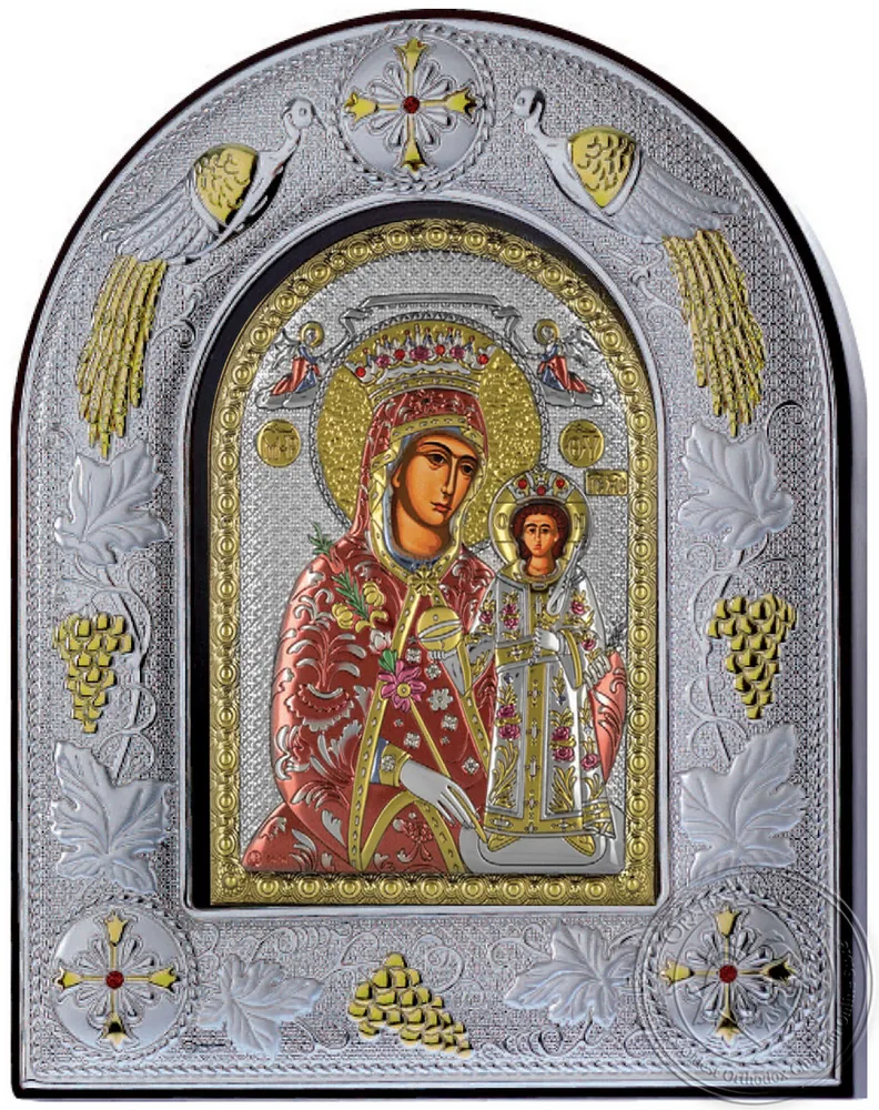 Богородица с розами, икона под серебро в стеклянной рамке