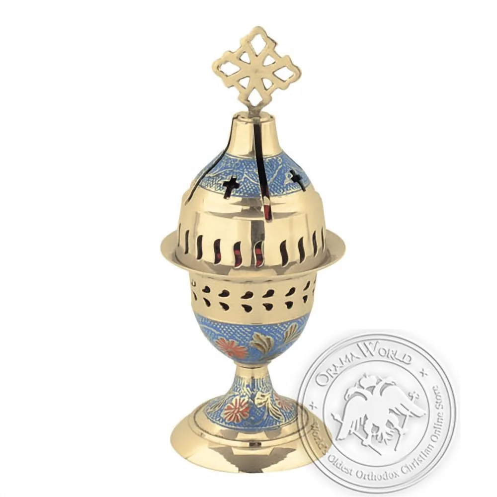 Byzantine Brass Home Oil Lamp With Enamel Coating in Blue Color - H134