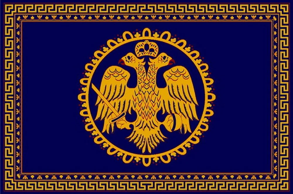 Прямоугольный церковный ковёр с двуглавым орлом и меандр синего цвета