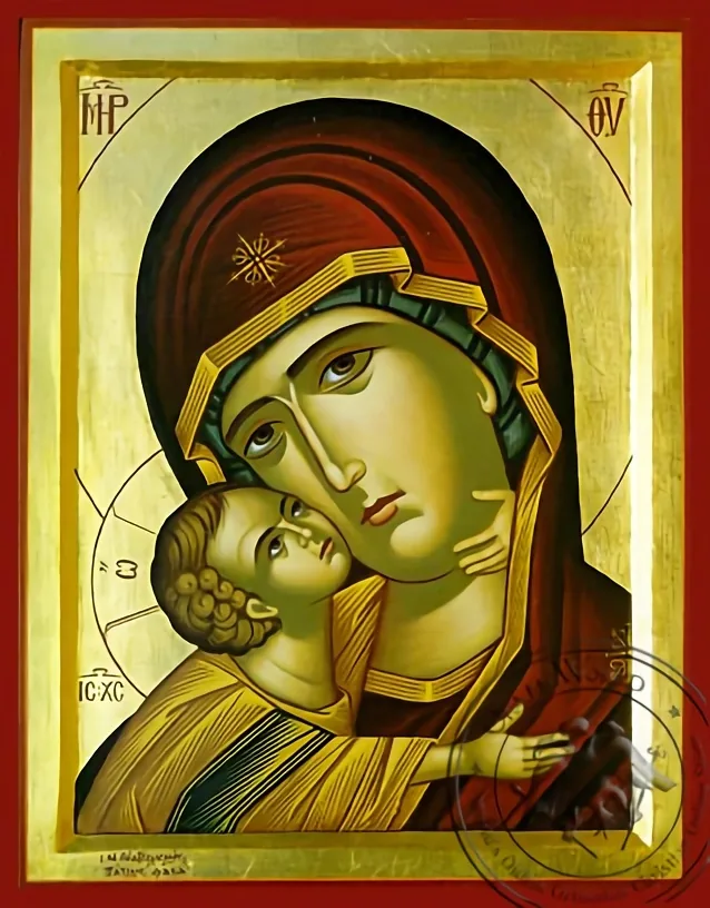 ღვთისმშობელი ყრმით, ტკბილად ამბორისმყოფელი, მკერდამდე, ბიზანტიური ხატი