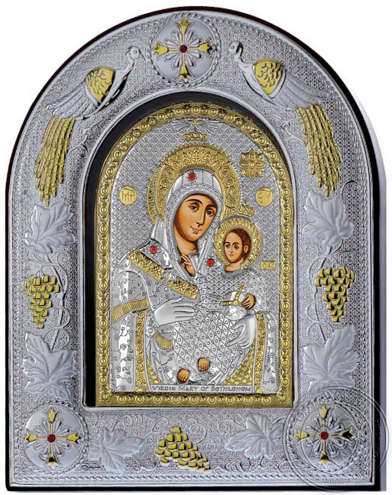 Virgin Mary of Bethlehem - Silver Icon in Glass Frame