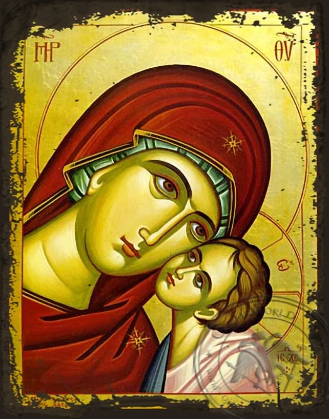 ღვთისმშობელი ყრმით, ტკბილად ამბორისმყოფელი, მკერდამდე, ძველებურად გაფორმებული ბიზანტიური ხატი
