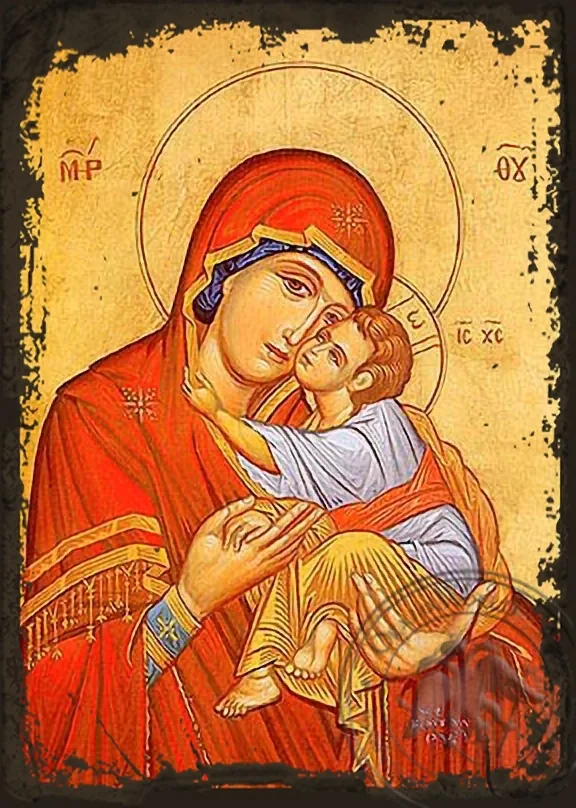 Virgin and Child, Sweet Kissing - Aged Byzantine Icon