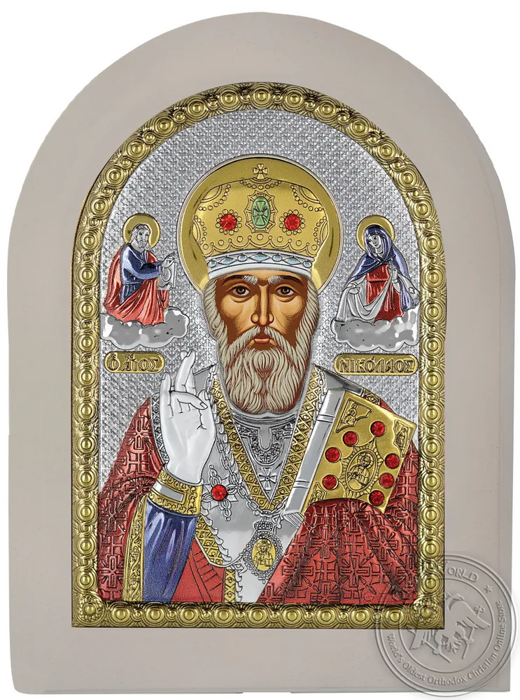 Saint Nicholas - Silver Colored Icon in White Wood