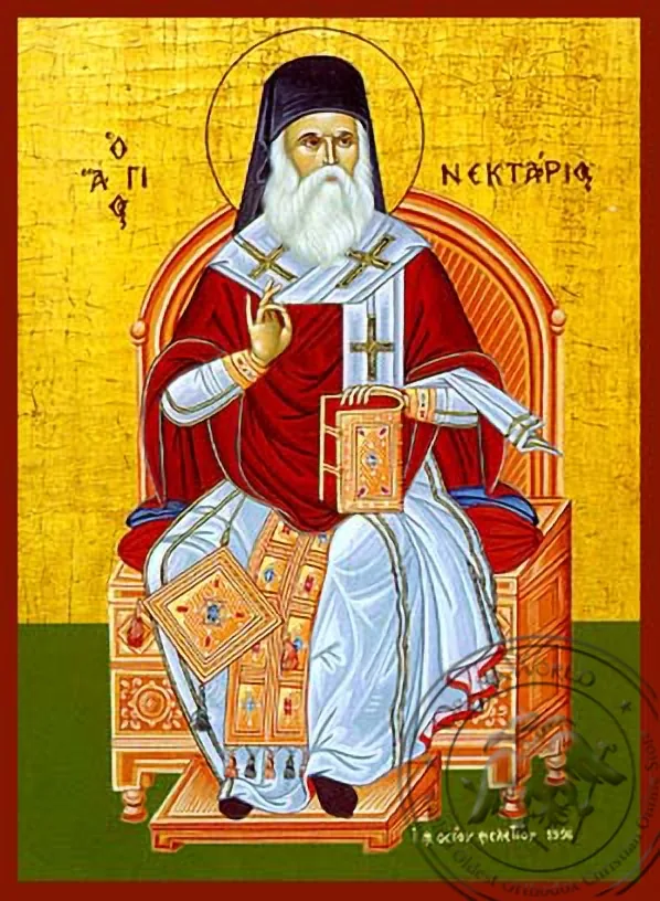 Святой Нектарий, митрополит Пентапольский, на престоле, рукописная икона