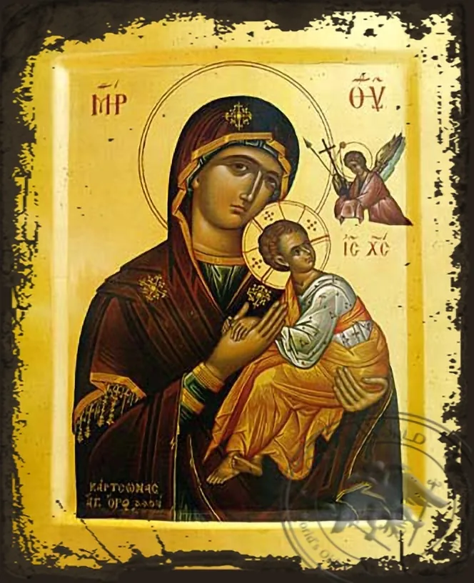 ყოვლადწმინდა ღვთისმშობელი, მარადიული შეწევნის ღვთისმშობელი, ძველებურად გაფორმებული ბიზანტიური ხატი