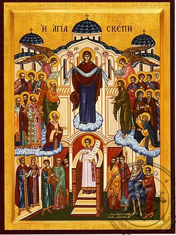 ღვთისმშობელი, წმინდა საფარველი (საფარველი), სრული ტანით, ხელნაწერი ხატი