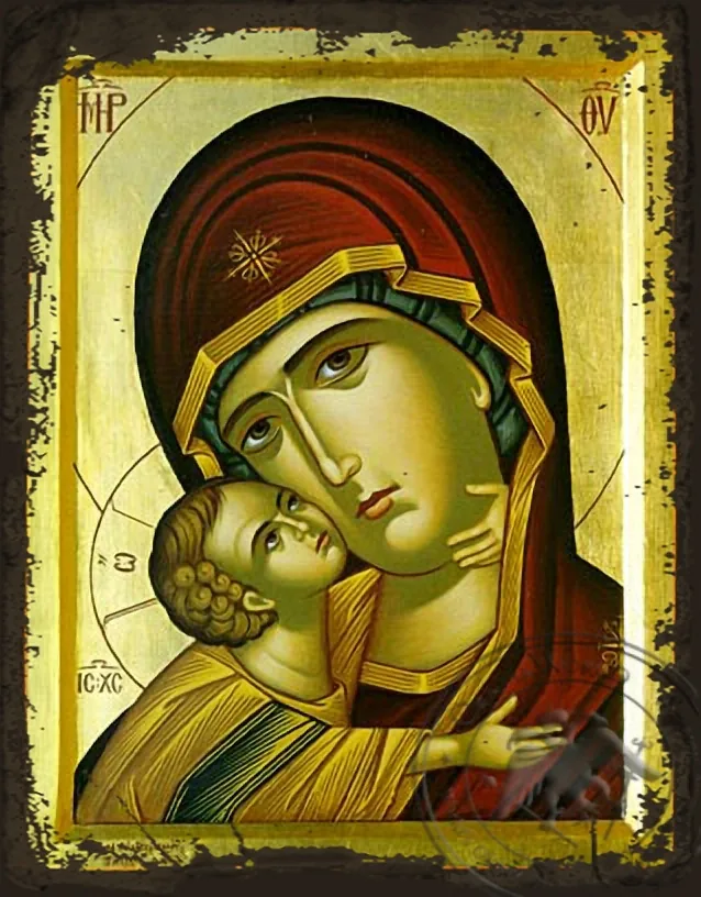 ღვთისმშობელი ყრმით, ტკბილად ამბორისმყოფელი, მკერდამდე, ძველებურად გაფორმებული ბიზანტიური ხატი