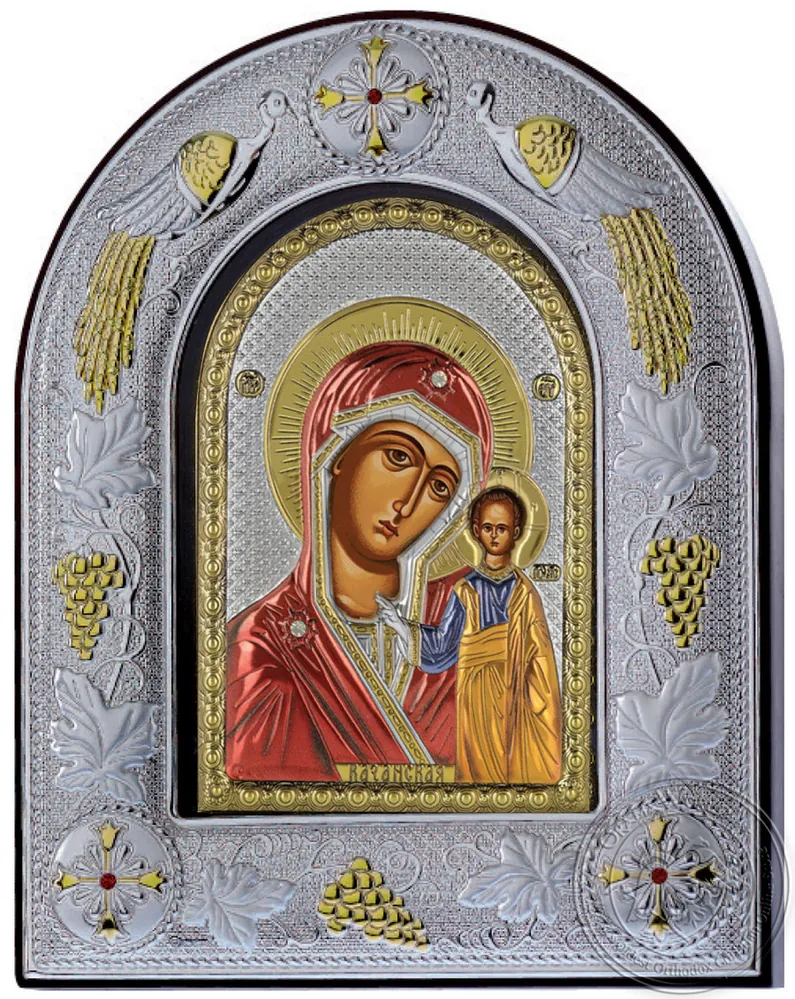 Божия Матерь Казанская, икона под серебро в стеклянной рамке