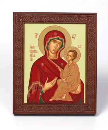 Icon on wood 18×22 rolled, recessed field with carved with surround, packaging Tikhvin Mother of God