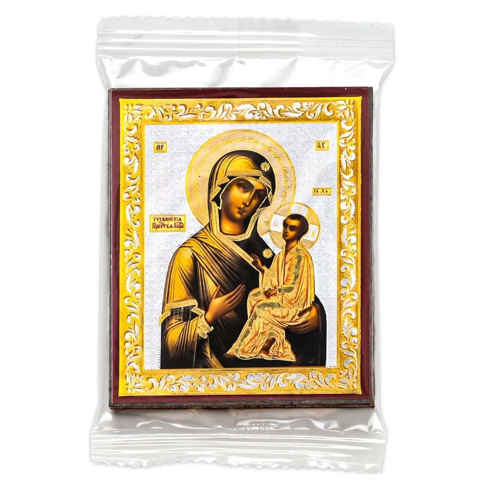 Icon on wooden panel 6×9 double embossing, annotation, packaging Tikhvin Mother of God 2