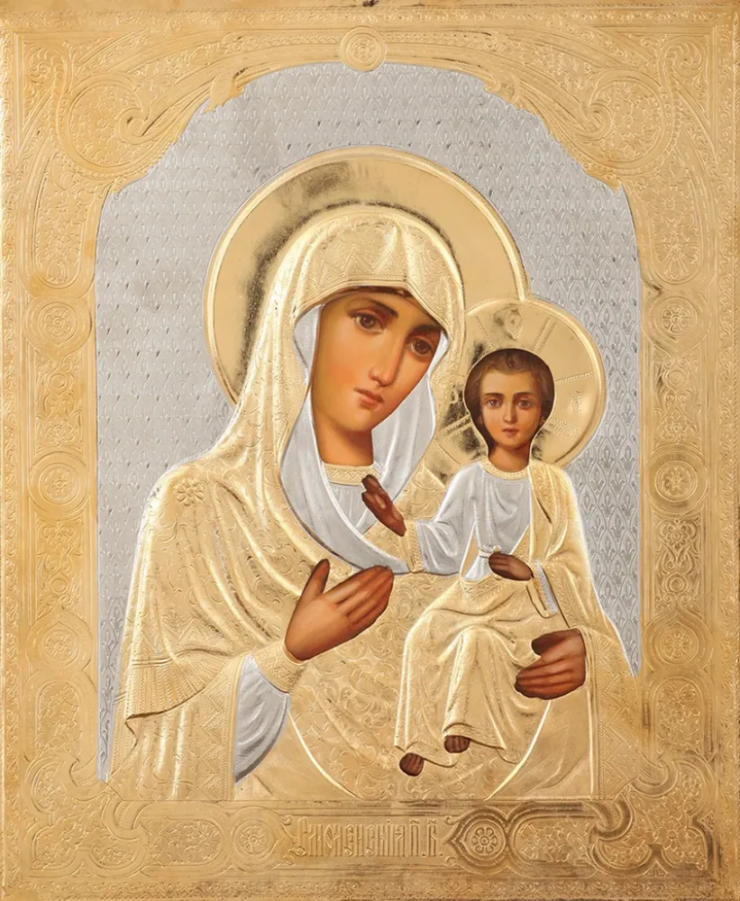 Painted icon of the Mother of God «Smolensk» 24×30, oil, riza cover №205, gilding
