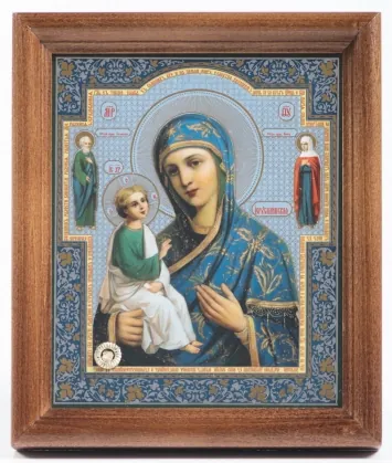 Icon in wooden frame №1 11×13 double embossing, annotation, packaging Jerusalem with attendant saints