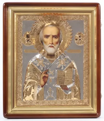 Painted icon in icon case 30×40 oil, riza cover №275, icon case №1 Nicholas the Wonderworker