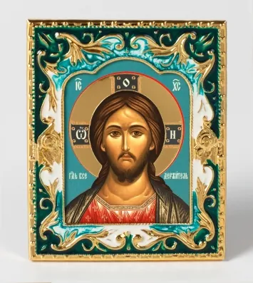 Icon in metal frame 6×7.5 shaped, embossing, on stand, enamel, gilding Saviour