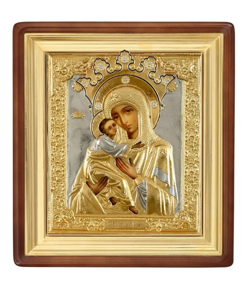 Painted icon in icon case 24×30 oil, riza cover №12, enamel, icon case №1 Vladimir Mother of God
