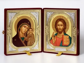 Folding icon in case 18×24 velvet, tempera, riza frame №1 Saviour-Kazan Mother of God