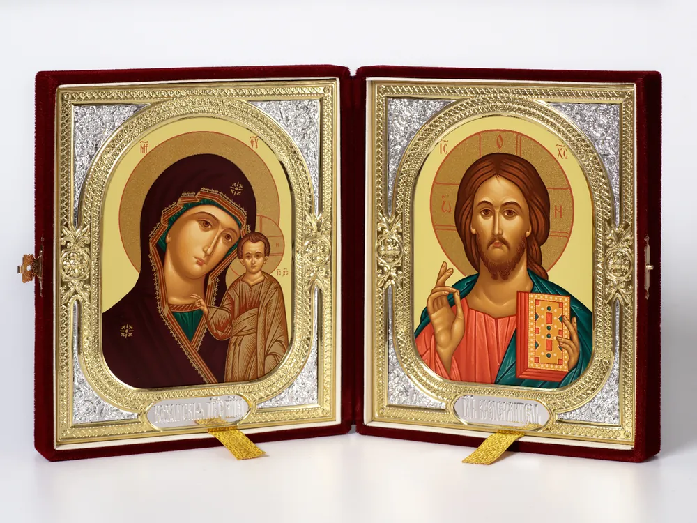 Folding icon in case 18×24 velvet, tempera, riza frame №1 Saviour-Kazan Mother of God