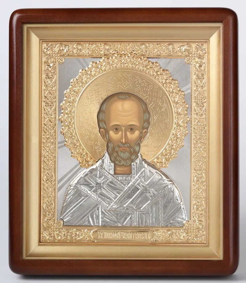Icon in icon case 18×24 shaped, tempera, 3D riza, straight, partly gilded Nicholas the Wonderworker