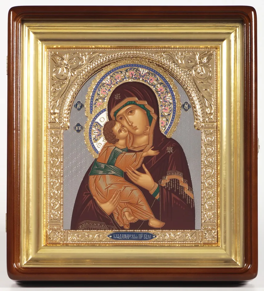 ფერწერული ხატი კიოტში 24×30 ტემპერა, მოჭედილობა ღია, ნიკელი, მინანქარი, კიოტი №1 ვლადიმირის ღვთისმშობელი
