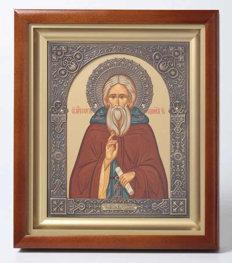 ხატი კიოტში 15×19 რთული, ტემპერა, გვირგვინი, ფიგურული ჩარჩო, პატინირებული სერგი რადონეჟელი (ოქროსფერი ფონი)