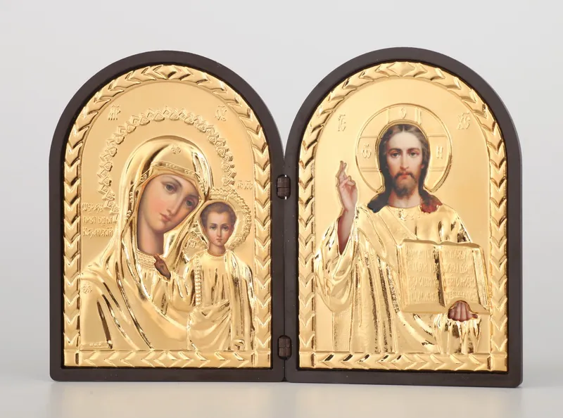 Icon in plastic frame folding icon 9×12 double arched riza cover №1 Saviour-Kazan Mother of God