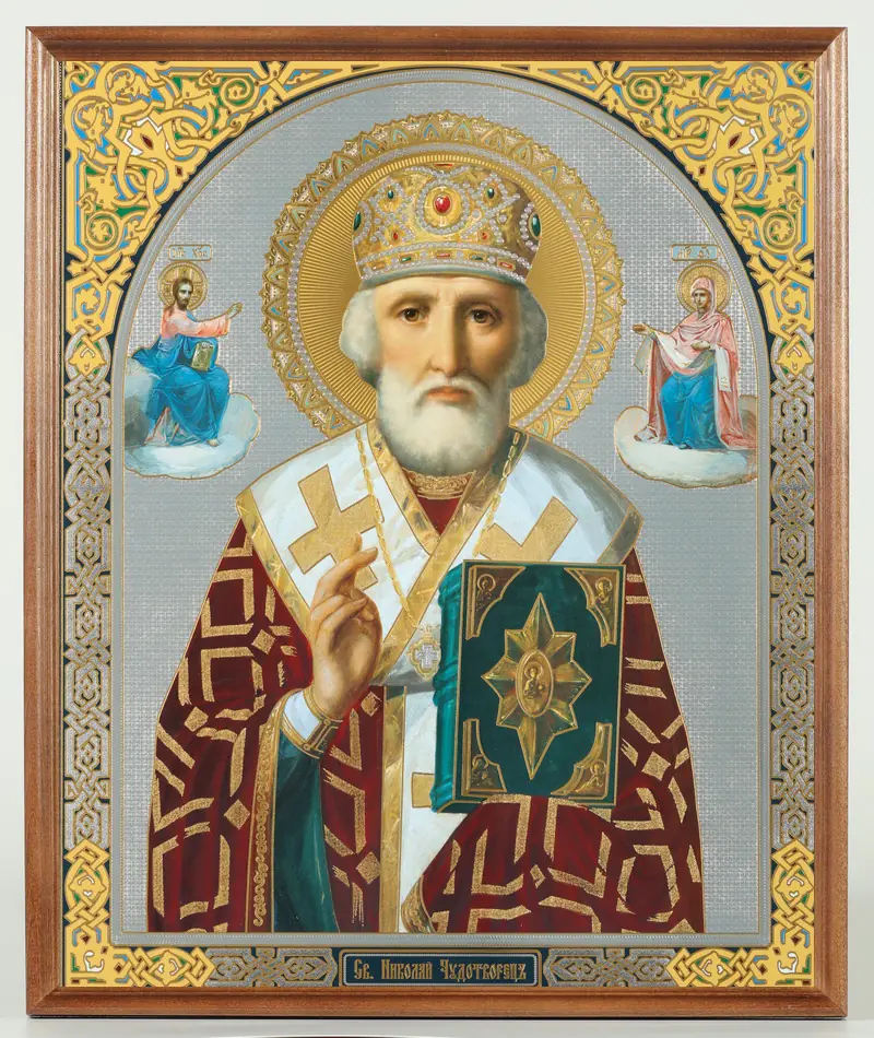 Icon in wooden frame №1 30×40 double embossing, packaging Nicholas the Wonderworker with attendant saints